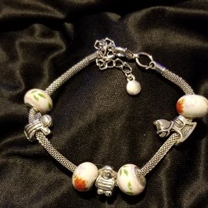 Blue and Red Flower Beaded  Charm Bracelet